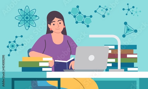 Girl gets education. Woman sits at desk with computer and books, front view, desktop with laptop, distance online learning, student or school pupil internet webinar vector concept
