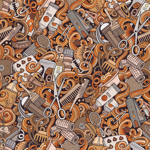 Hair Salon hand drawn doodles seamless pattern. Hairstyle background.