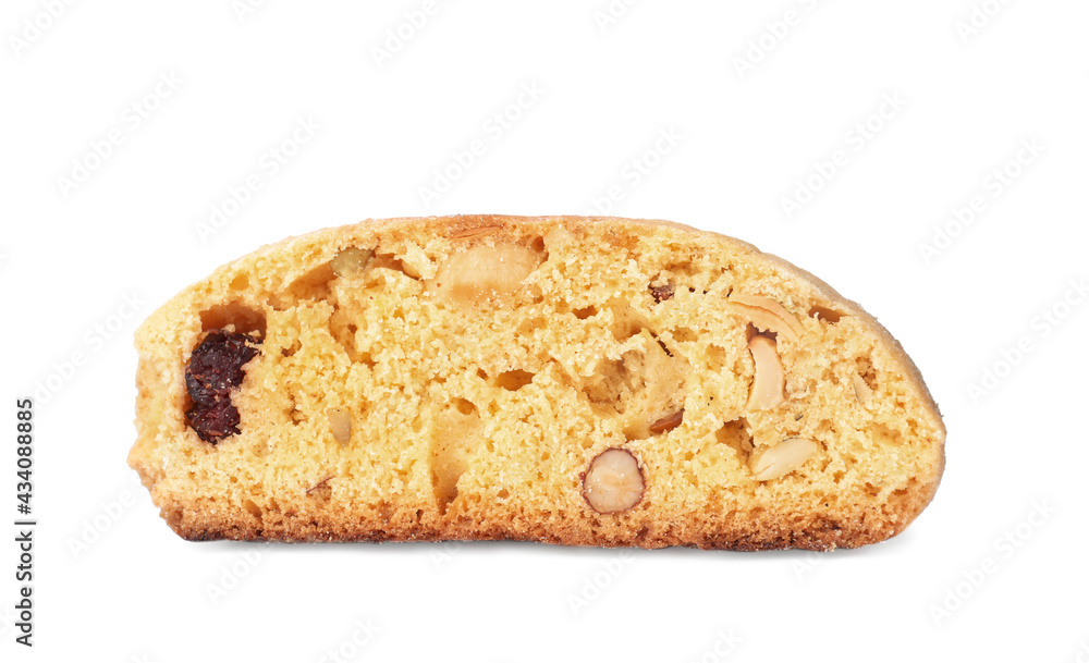 Slice of tasty cantucci with berry and pistachio isolated on white. Traditional Italian almond biscuits