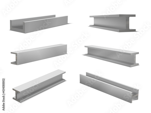 Collection realistic construction metal beams vector illustration isometric style metallic profile