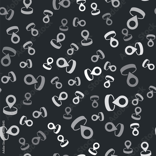 Grey Map pin icon isolated seamless pattern on black background. Navigation, pointer, location, map, gps, direction, place, compass, search concept. Vector