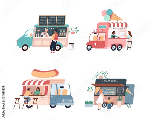 Food trucks. City mobile cafes. People buy hot dogs and ice cream. Entrepreneurs sell vegan dishes or burgers. Takeaway meal on wheels point. Vector automobile vans set for snack sale