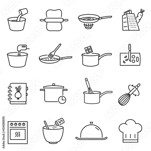 Linear collection of cooking icon vector illustration. Outline eating meal at restaurant, cafe, home