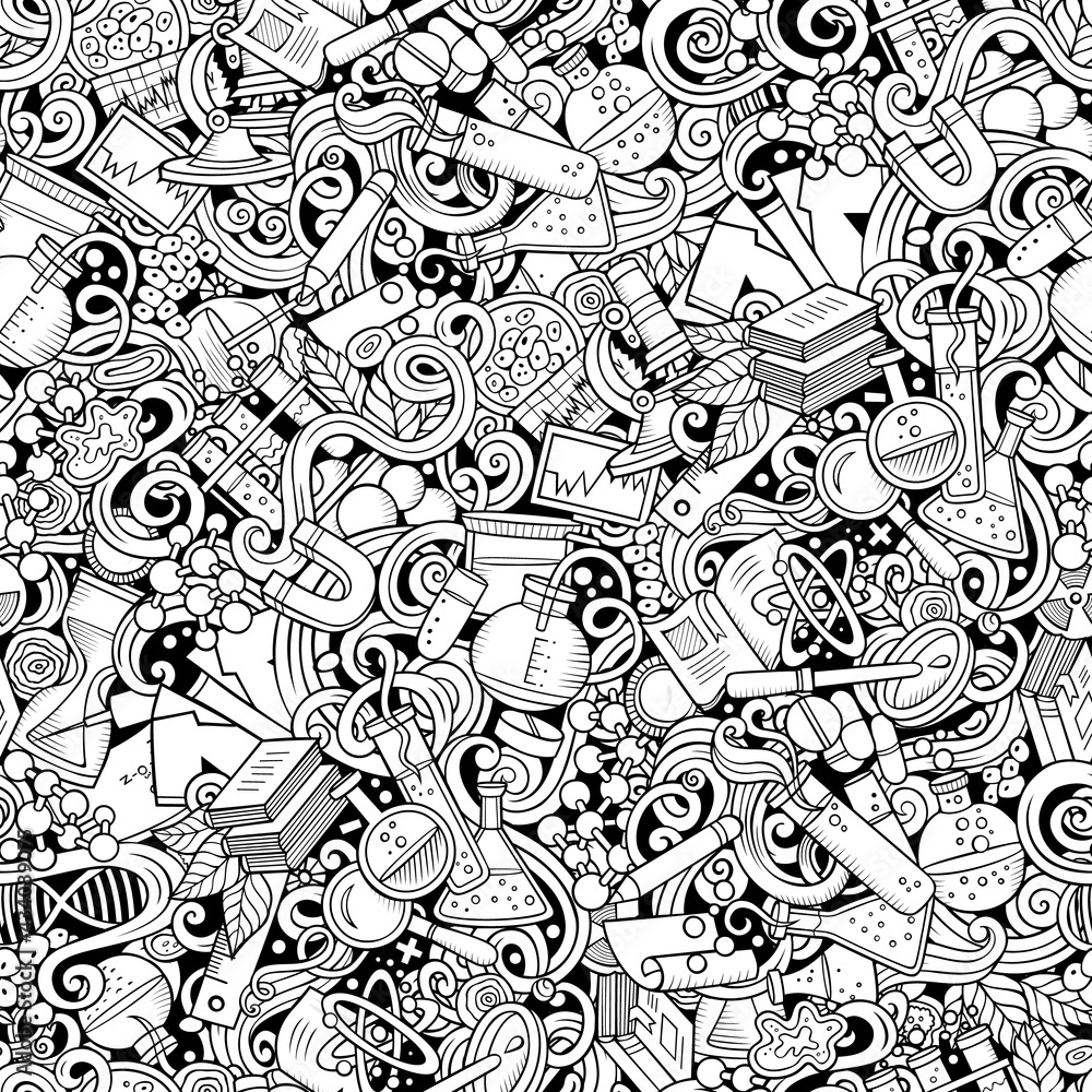 Fototapeta premium Science hand drawn doodles seamless pattern.