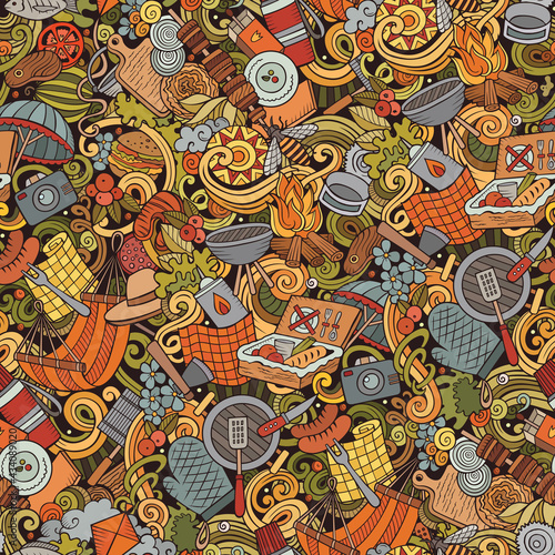 Picnic hand drawn doodles seamless pattern. BBQ background.