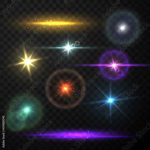 Collection realistic lens flare light vector illustration. Bright glow sparkles shining stars effect