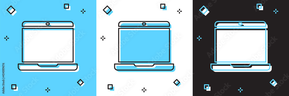 Set Laptop icon isolated on blue and white, black background. Computer notebook with empty screen sign. Vector Set Laptop icon isolated on blue and white, black background. Computer notebook with empty screen sign. Vector