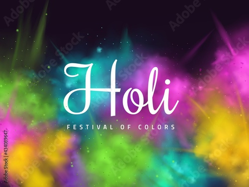 Color powder splash. Festival frame poster, realistic dust explosions different shades, painted ink abstract splatters backdrop, holi inks clouds, flash mob party. Vector concept