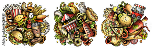 Fastfood cartoon vector doodle designs set.
