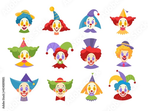 Clown faces. Funny comic clownish masks, kids comedy artists physiognomies, heads with crazy color hairstyles, circus hats and red noses. Carnaval artist characters vector cartoon isolated set