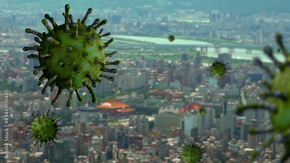3D illustration top aerial Taiwan pandemic Covid 19. Virus floating over Taipei