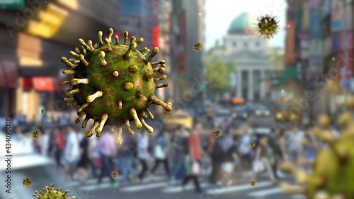 3D illustration flu coronavirus floating on Taipei street. Taiwan Covid19 virus