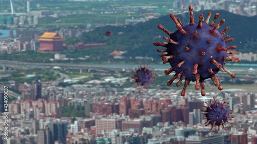 3D illustration. Aerial Covid 19 virus Taipei. Coronavirus over town at Taiwan