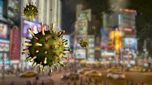 3D illustration. Aerial Covid 19 virus Taipei. Coronavirus over town at Taiwan photo