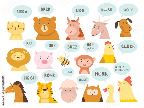 Animals sounds. Cute kids fauna characters with typical noises of species, babies educational icons, speech bubbles with text. Happy wild and domestic mammals vector cartoon isolated set