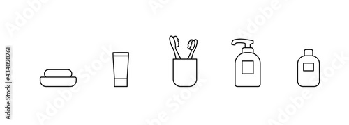 Bathroom vector icon set. Simple bathroom accessories thin line outline signs collection. Personal hygiene concept