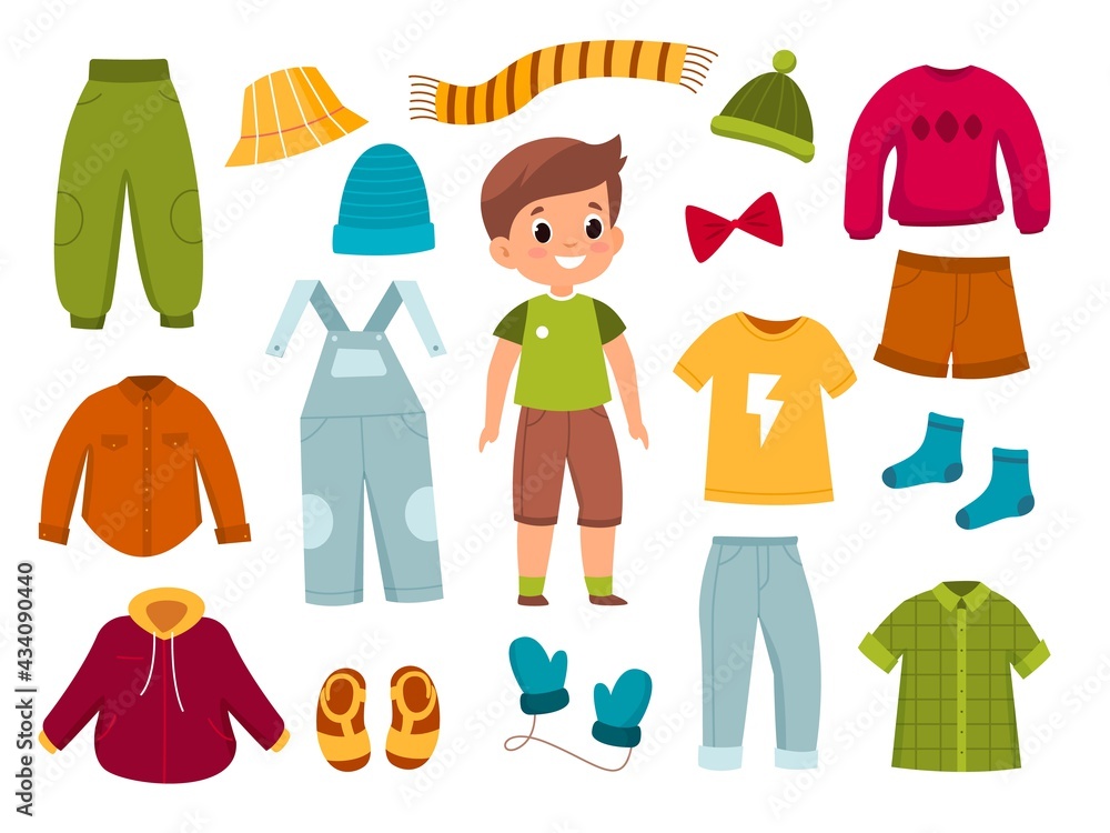 Boy clothes. Young modern child with apparel around, different seasons  casual wear, character with jeans, shirts, trousers and overalls. Childhood  fashion collection. Vector cartoon set Stock Vector