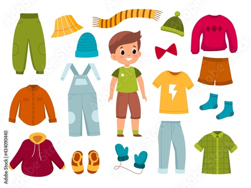 Boy clothes. Young modern child with apparel around, different seasons casual wear, character with jeans, shirts, trousers and overalls. Childhood fashion collection. Vector cartoon set