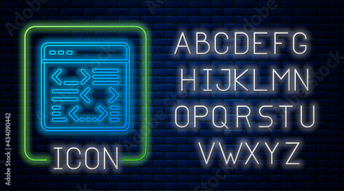 Glowing neon Software, web developer programming code icon isolated on brick wall background. Javascript computer script random parts of program code. Neon light alphabet. Vector