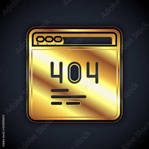 Gold Page with a 404 error icon isolated on black background. Template reports that the page is not found. Vector