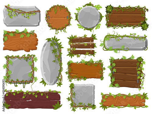 Vines wooden and stone boards. Tropical wild rainforest stone, wood boards with lianas and green leaves vector illustration set. Jungle sign boards © WinWin