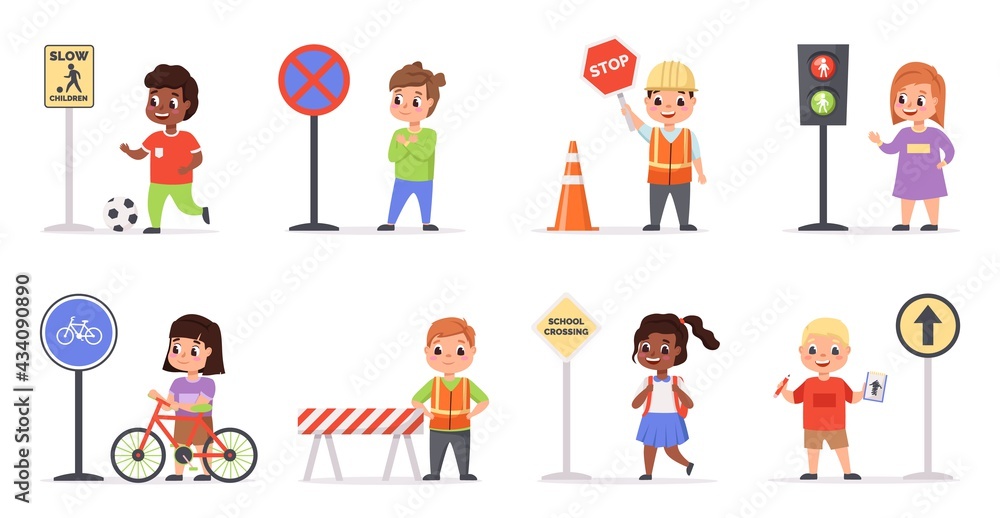 Kids traffic rules. Safety road movement, young pedestrians with signs, childish educational scenes, forbidding, boys and girls with warning signals. Crosswalk regulatory vector set