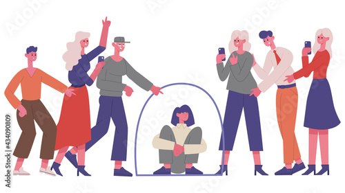 Bullying problem. Discrimination, negative communication or aggressive society, bullying negative people group vector illustration. Teenage bullying concept