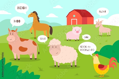 Farm animals background. Cartoon funny domestic animals on meadow with speech bubbles and sounds, farmyard inhabitants. Summer countryside landscape. Vector concept rural scene