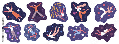 Characters flying in space. People flying in outer space, men and women floating in imagination or dream vector illustration set. Space floating people