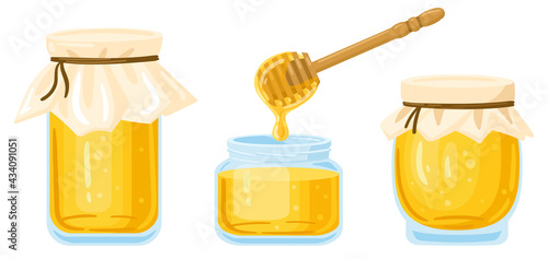 Cartoon honey jars. Glass pots and wooden spoon with dripping liquid honey isolated vector illustration set. Transparent honey jars