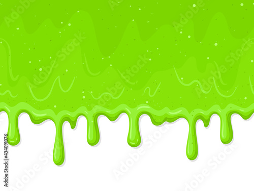 Fototapeta Naklejka Na Ścianę i Meble -  Cartoon green dripping background. Spooky halloween alien slime blobs, dripping toxic slime vector background illustration. Green cartoon slime splatter