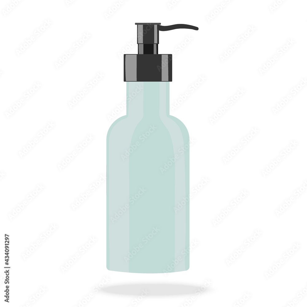 Bottle with dispenser for cream, shampoo, sanitation on white background. Isolated cosmetic package template, plastic container. Skin and body care, toilets. Beauty products. Flat Vector Illustration Bottle with dispenser for cream, shampoo, sanitation on white background. Isolated cosmetic package template, plastic container. Skin and body care, toilets. Beauty products. Flat Vector Illustration