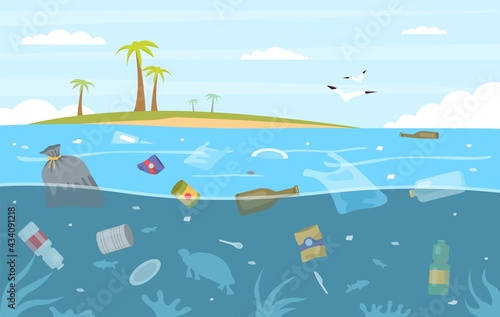 Sea garbage. Plastic trash floating in water. Seascape with polluted ocean and tropical island. Ecosystem destruction. Marine animals swim among debris. Vector environmental problem