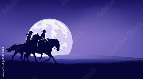 cowboy and cowgirl riding horse in prairie against full moon - romantic legend wild west scene silhouette landscape vector design