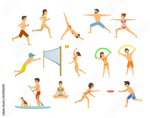 active people men and women on the beach exercising, do yoga, aerobics, stand up paddle with dog, meditation, running jogging, play beach volleyball and frisbee
