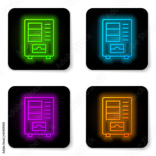 Glowing neon line Vending machine of food and beverage automatic selling icon isolated on white background. Black square button. Vector