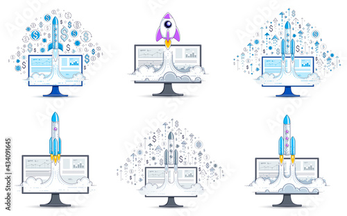 Startup idea business concepts vector illustrations set, image collection with rocket launch over PC computer monitor and a lot of different icons and symbols.