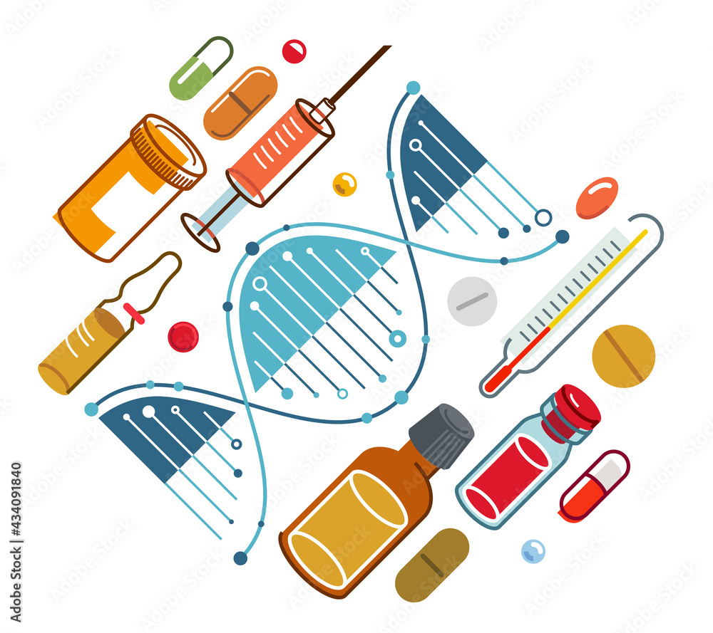DNA strand based medical theme composition with lots of different drugs and meds vector illustration isolated, drugstore or medical biotechnology scientific research. DNA strand based medical theme composition with lots of different drugs and meds vector illustration isolated, drugstore or medical biotechnology scientific research.