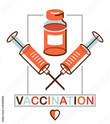 Vaccination theme vector illustration of a syringe with vial isolated over white, epidemic or pandemic coronavirus covid 19 or flu or SARS or any other vaccine, pharmacology concept.