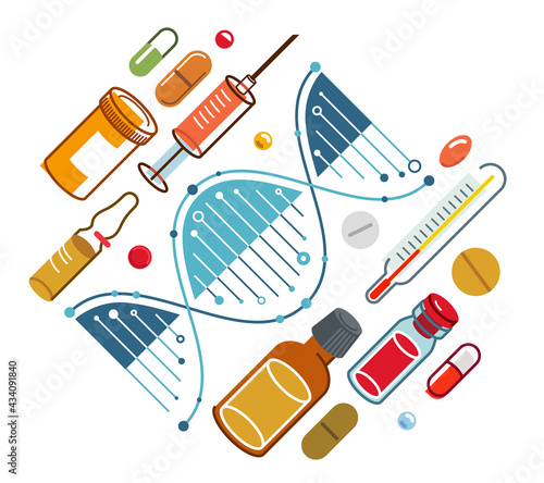 DNA strand based medical theme composition with lots of different drugs and meds vector illustration isolated, drugstore or medical biotechnology scientific research.