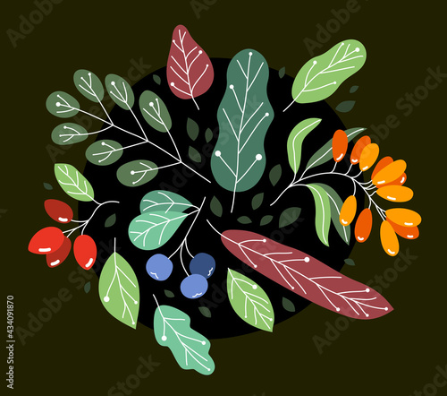 Wild berries fresh and ripe tasty healthy food with leaves vector flat style illustration over dark background, delicious vegetation diet eating, nature gifts.