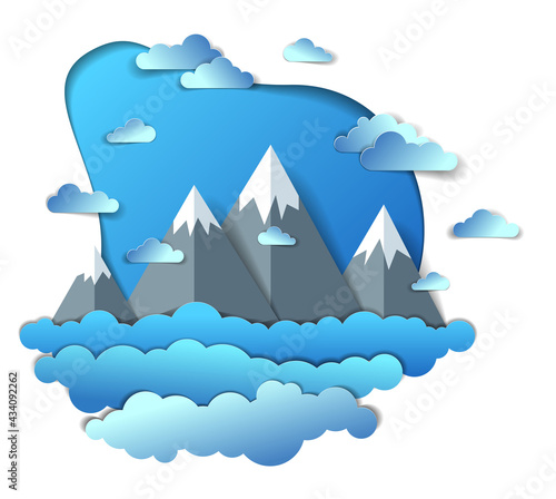 Scenic landscape of mountain peaks range, cloudy sky, summer vector illustration in paper cut kids style. Summer holidays, travel and tourism.