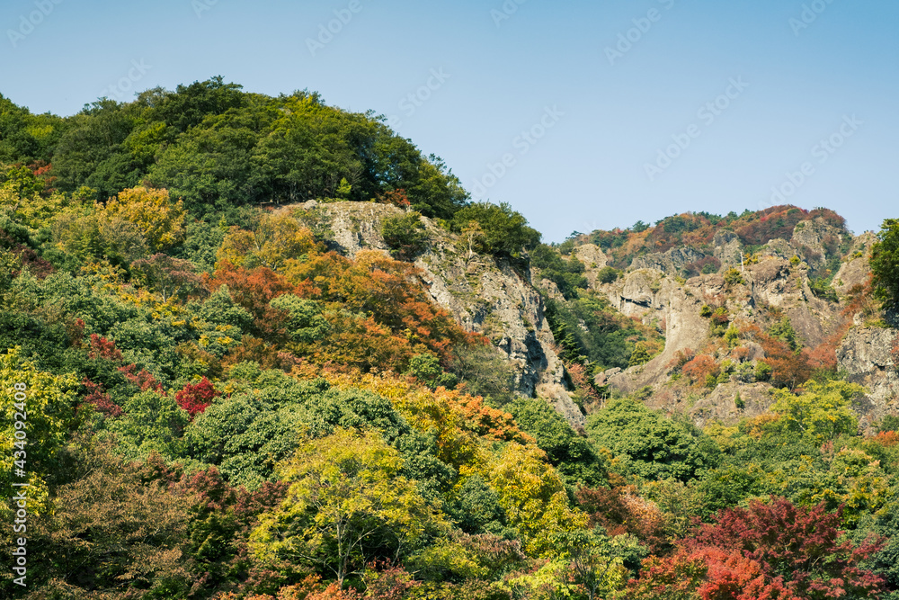 Dramatic Landscape of Mountains with Red Maple Leaves in Autumn or Fall, Kankakei in Kagawa Prefecture in Japan, Travel or Trip
