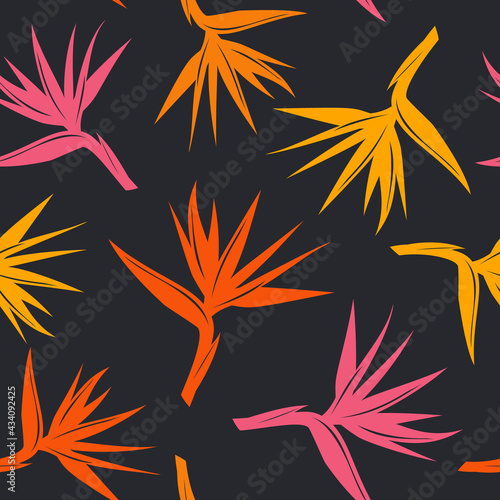 seamless pattern with tropical exotic flower bird of paradise in orange yellow, red colors on black background
