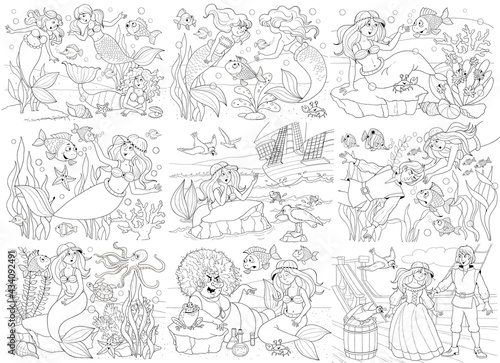 Two fairy tales. Three little pigs and little mermaid. Set of cute illustrations for children. Coloring book. Coloring page. Cute and funny cartoon characters