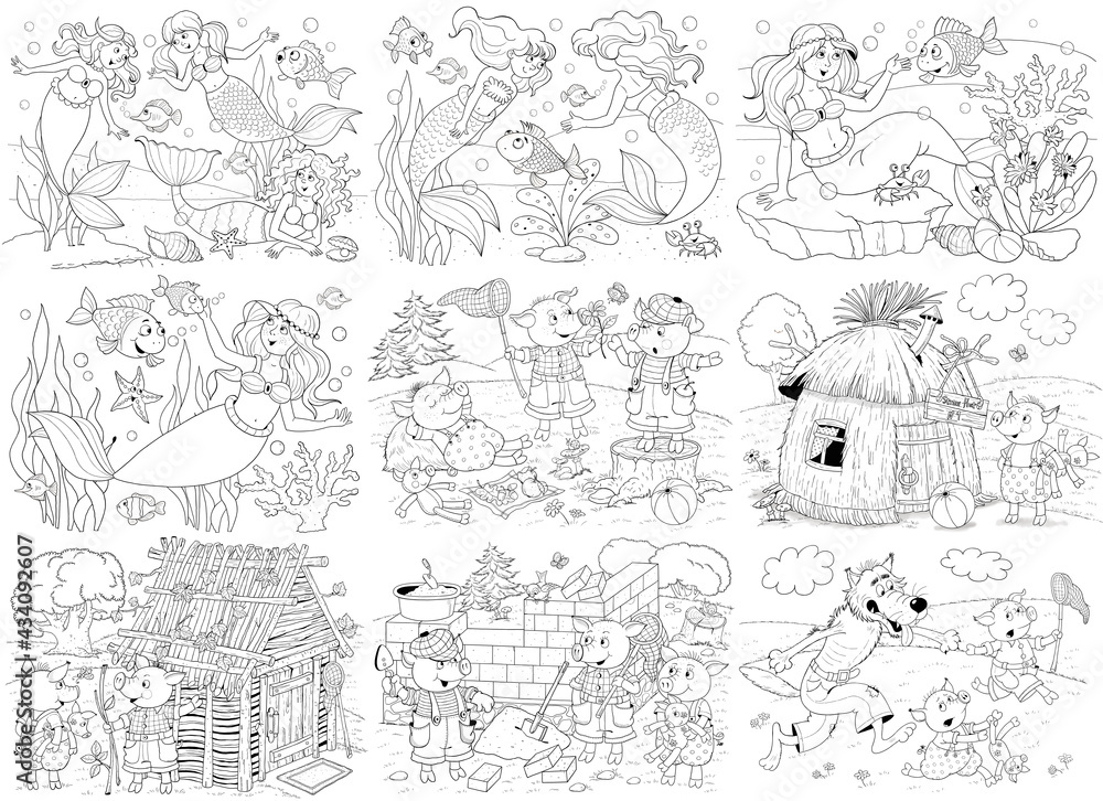 Two fairy tales. Three little pigs and little mermaid. Set of cute illustrations for children. Coloring book. Coloring page. Cute and funny cartoon characters Two fairy tales. Three little pigs and little mermaid. Set of cute illustrations for children. Coloring book. Coloring page. Cute and funny cartoon characters