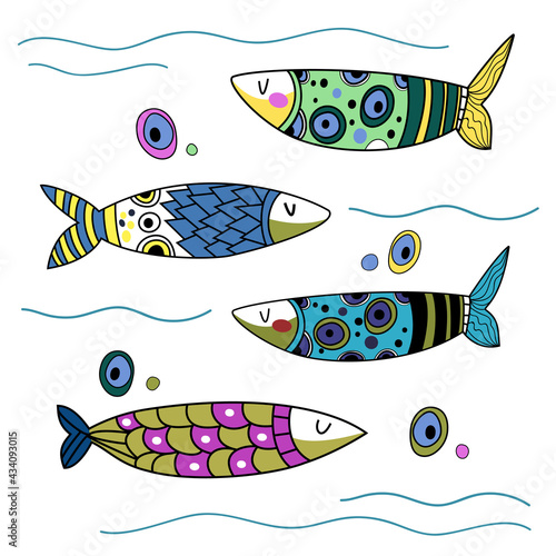 Vector illustration set cute cartoon flat fish. Concept aquarium