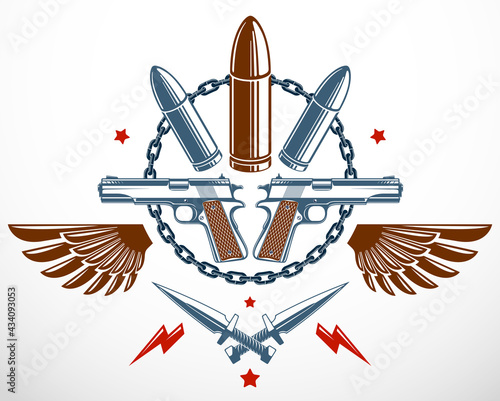 Bullets and guns vector emblem of Revolution and War, logo or tattoo with lots of different design elements, anarchy and chaos concept, criminal and gangster style, social tension theme.