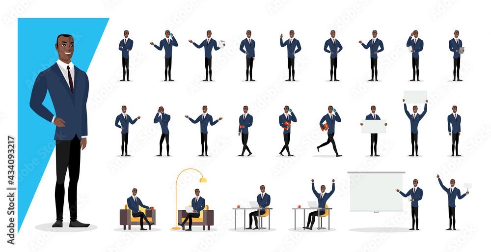 Successful black colored businessman in blue suit showing gestures and emotions in different poses. Office african american business man character. Male person standing, sitting, walking set