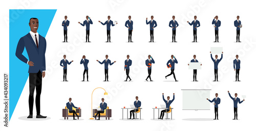 Successful black colored businessman in blue suit showing gestures and emotions in different poses. Office african american business man character. Male person standing, sitting, walking set